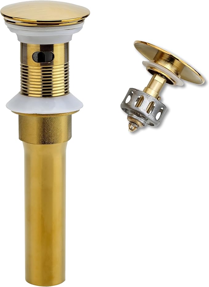 Bathroom Sink Drain, Gold Drain Stopper Bathroom Sink with Overflow,Pop Up Drain Assembly with Detachable Strainer Basket,Built-in Anti-Clogging Strainer,Stainless Steel