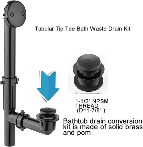 (1 Pack) Yariwiz 1-1/2" Matte Black Bathtub Tub Drain Kit Bath Waste Overflow Drain Tube Assembly with Touch-Toe Tub Drain Stopper and Overflow Faceplate Matte Black