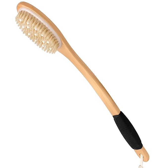 OWIIZI Bath Brush with Cellulite Massagers, Wooden Curved Long Handle Antiskid Dry Brushing Body Brush for Exfoliating, Natural Bristle Back Scrubber for Shower Use Wet or Dry for Men Women Elders