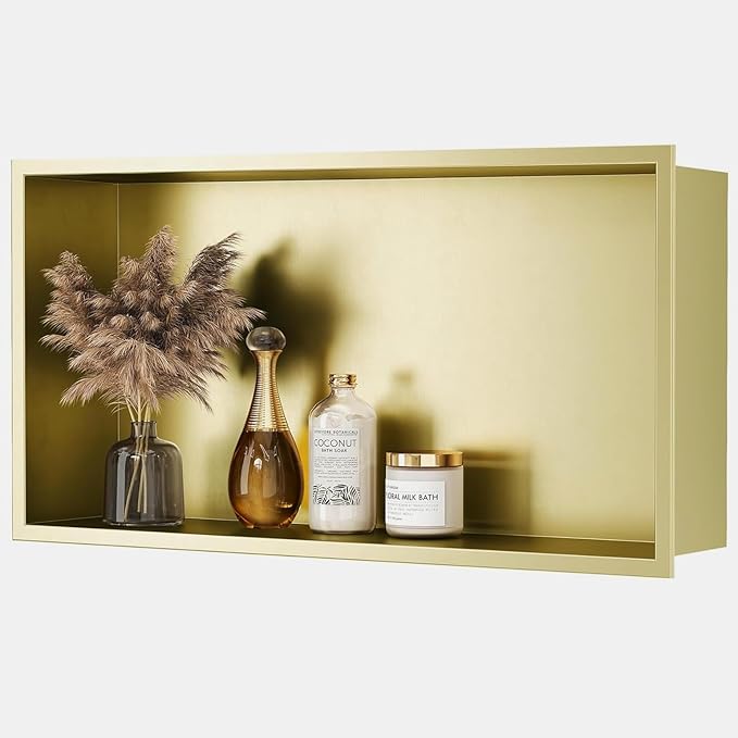 Neodrain No Tile Shower Niche, Golden Stainless Steel Wall Niche 25.1"X13.1"(Inner Size 24"X12"), NO Tile Needed Recessed Cabinet for Bathroom Storage, Waterproof Cubby