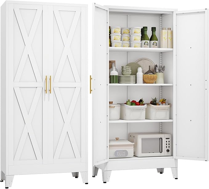 61" H Metal Kitchen Pantry Storage Cabinet, Freestanding Cupboard with 2 Doors and 3 Adjustable Shelves, Standing Storage for Kitchen, Bathroom, Garage, Dinning Room or Utility Room（White）