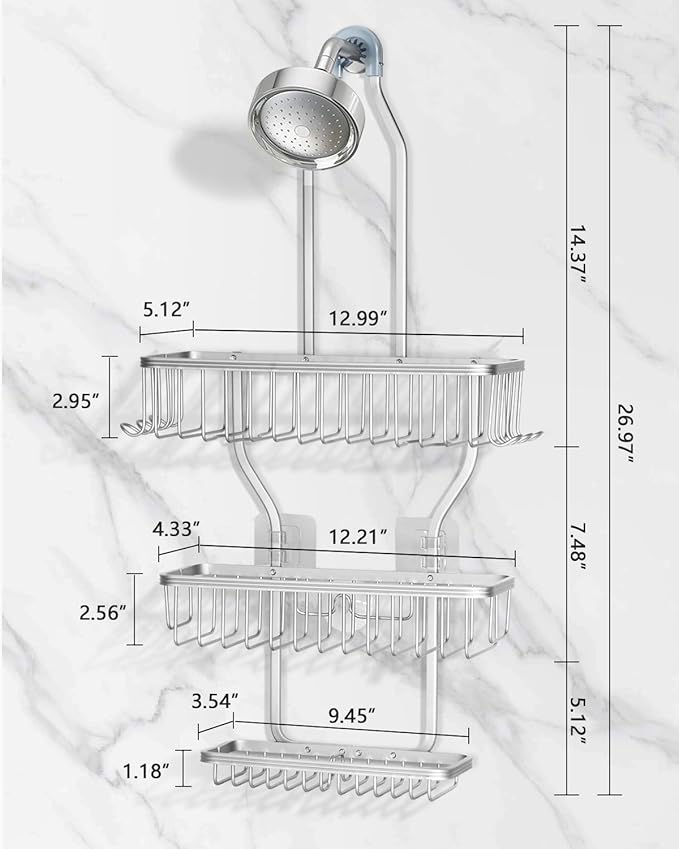 Shower Caddy Hanging - Never Rust Shower Hanging Organizer - Aluminum Over the ShowerHead Caddy with 6 Hooks for Razor/Sponge (Silver)