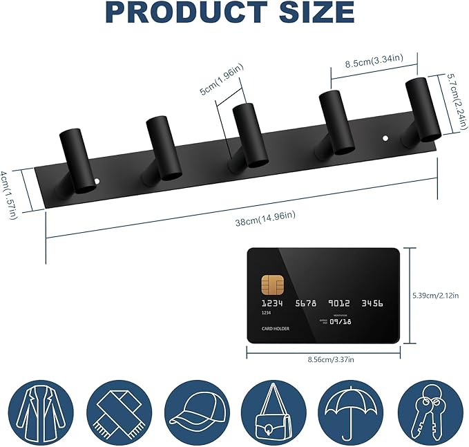 VAEHOLD Black Hat and Coat Wall Mount Rack 5 Hooks for Robes, Bags, Keys, and Towels Bathroom Towel Hanger Organizer (1 Pack)