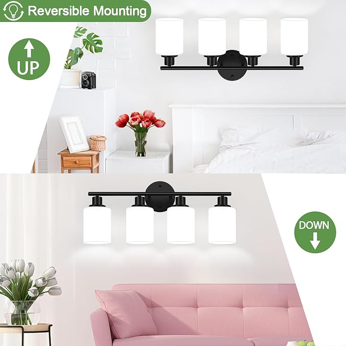 4-Light Bathroom Light Fixtures, Black Modern Vanity Lights with Milky White Frosted Glass Shades, Bathroom Wall Lamp for Mirror Kitchen Living Room