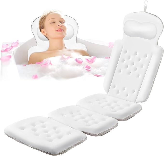Luxury Full Body Bath Pillow for Bathtub, Bath Pillows for Tub with Mesh Laundry Bag, Cushion for Bathtub Headrest Neck Back Support - 5D Air Mesh & Quick Drying | White 63" x 16"