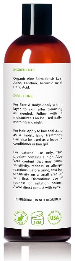 Organic Aloe Vera Gel for Skin, Face, Body, After Sun Care - USDA Certified Organic, 12 fl. oz.