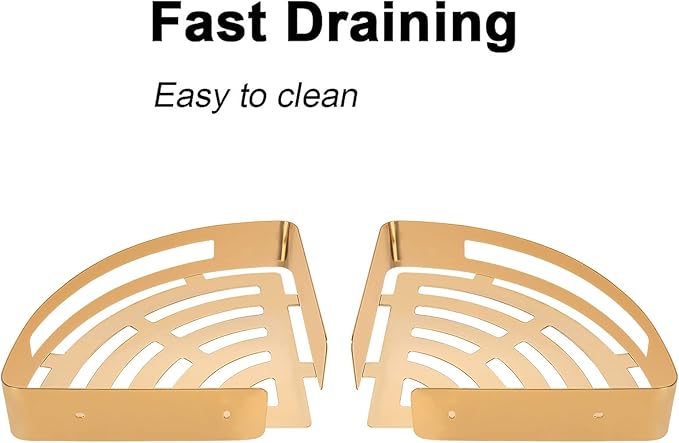 NearMoon Bathroom Shower Caddy 2 Pack, No Drill 304 Stainless Steel Shower Organizer with 2 Hooks (Corner Shelf, Gold)