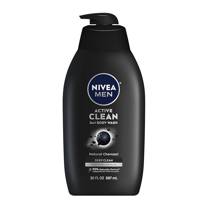 NIVEA Men Active Clean Body Wash with Natural Charcoal for Normal to Oily Skin, 3-in-1 Charcoal Body Wash, Face and Hair, Draws Out Dirt and Impurities, 30 Fl Oz Bottle