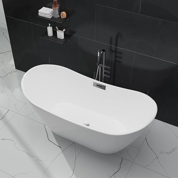 67" Free Standing Tub, Acrylic Freestanding Bathtub, Modern Soaking Tub with Integrated Overflow and Drain, White Bathroom Fixture, Stand Alone Bathtub, CUPC Certified, Gloss White