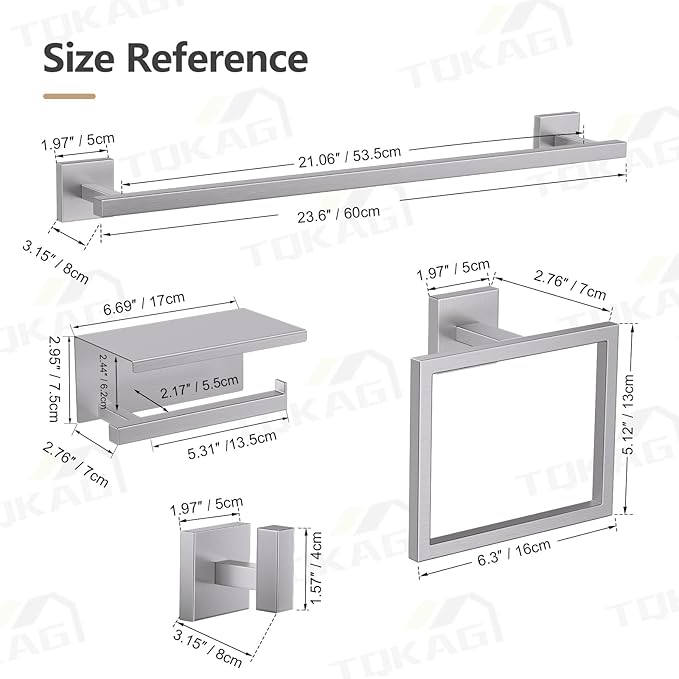 TQKAG 5-Pieces Brushed Nickel Bathroom Hardware Accessories Set 23.6" SUS304 Stainless Steel Towel Bar Set Wall Mounted Square Toilet Paper Holder with Shelf