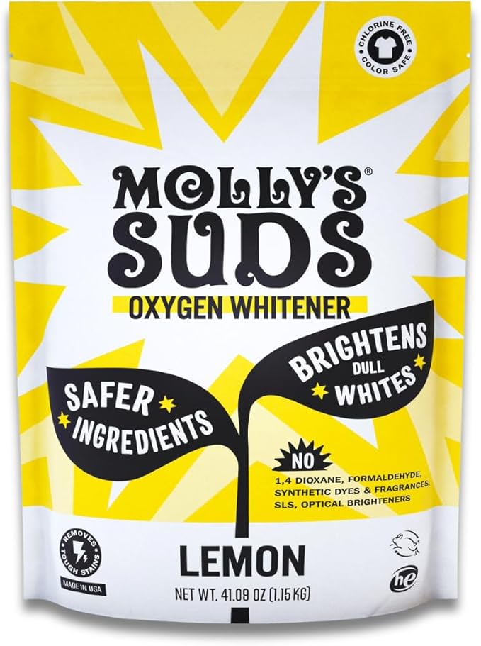 Molly's Suds Oxygen Whitener | Powerful Bleach Alternative, Chlorine Free & Color Safe | Brightens Whites and Removes Stains (Lemon Essential Oil - 41.09 oz)