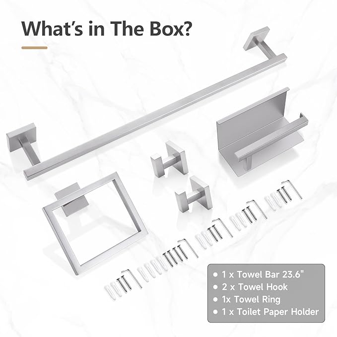 TQKAG 5-Pieces Brushed Nickel Bathroom Hardware Accessories Set 23.6" SUS304 Stainless Steel Towel Bar Set Wall Mounted Square Toilet Paper Holder with Shelf