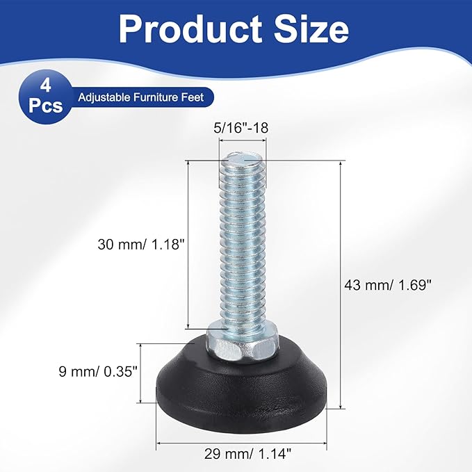 uxcell 5/16"-18 Thread Furniture Feet Levelers, 4Pcs 30mm l Adjustable Furniture Feet Screw in Threaded Leveling Leg Screw on Chair Foot Glides Leveling for Table Chair Cabinet Black