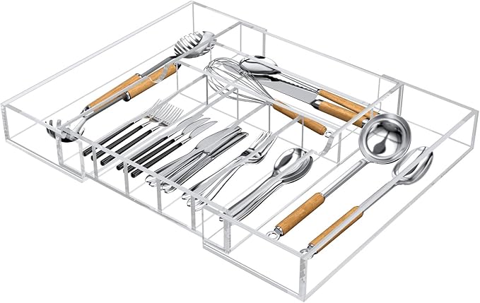 NIUBEE Expandable Kitchen Drawer Organizer for Flatware and Utensils,Clear Acrylic Adjustable Silverware Tray for Drawer,Office,Bathroom Supplies-9 Compartments