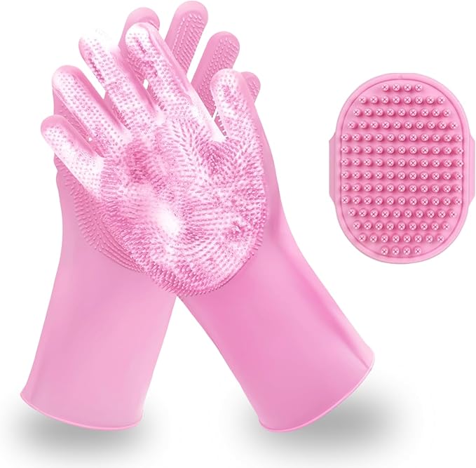 2 Piece Pink Pet Bath Supplies with Dog Washing Gloves and Dog Bath Scrubber