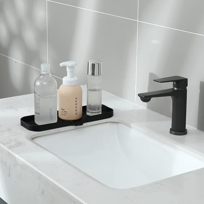Silicone Bathroom Soap Dishes with Drain Spout-Bathroom and Kitchen Sink Organizer,Sponge Holder,Dish Soap Tray,Perfect for Dispenser,Scrubber,Bottle,Cup on Sink or Counter-Black 12"×4"