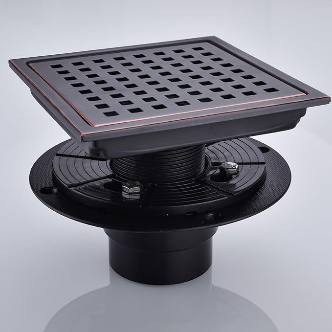 RANDOM 6 Inch Square Shower Floor Drain with Oil Rubbed Bronze Removable Quadrato Pattern Grate, PVC Shower Drain Base Flange,Include Hair Strainer,SUS 304 Stainless Steel