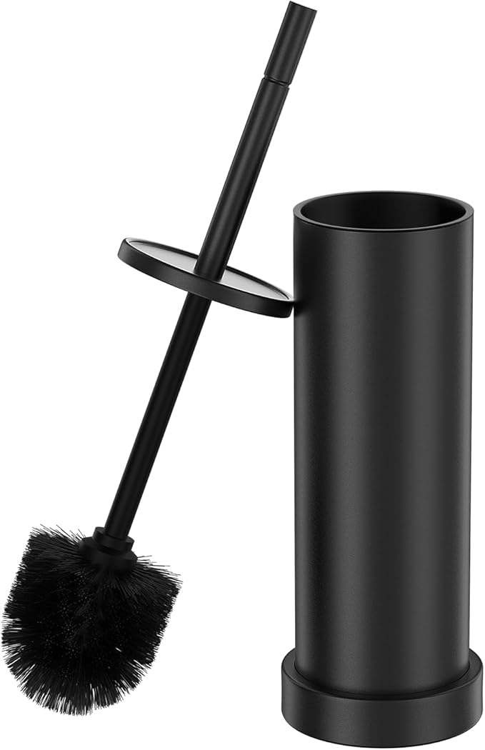 Black Toilet Brush and Holder Set, 304 Stainless Steel Heavy Duty Toilet Bowl Brush and Holder with Long Handle, Removable Inner Bowl and Splash Protection Modern Toilet Cleaner Brush for Bathroom