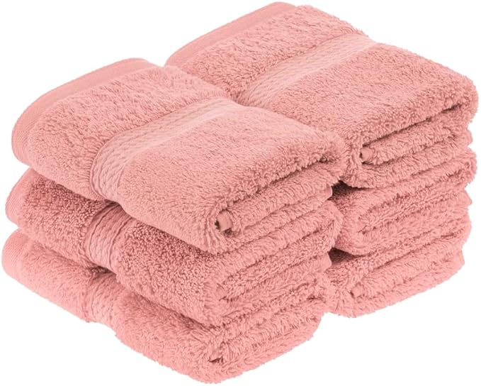 Superior Egyptian Cotton Pile Face Towel/Washcloth Set of 6, Ultra Soft Luxury Towels, Thick Plush Essentials, Absorbent Heavyweight, Guest Bath, Hotel, Spa, Home Bathroom, Shower Basics, Tea Rose