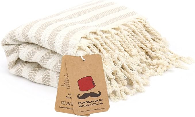 Bazaar Anatolia Turkish Bath Towel – 100% Cotton, Quick Dry Boho Farmhouse Decor, Autumn Throw Blanket for Bathroom – Oversized 71x39 Inches – Arpa Beige