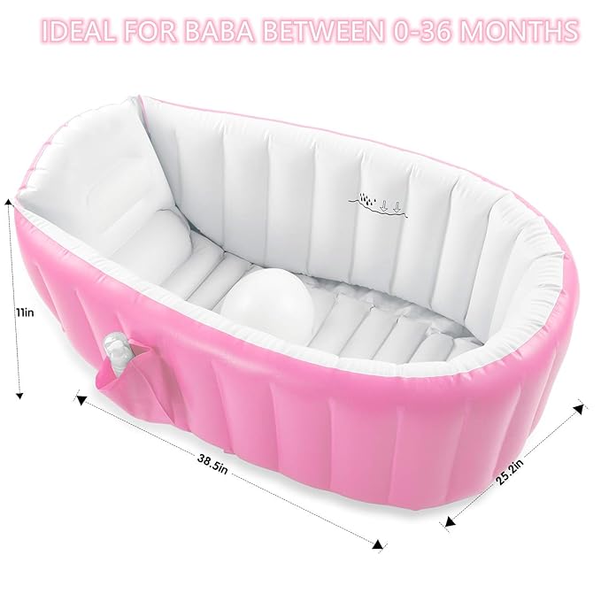 Inflatable Baby Bathtub, Portable Infant Toddler Bathing Tub Non Slip Travel Bathtub Mini Air Swimming Pool Kids Thick Foldable Shower Basin with Air Pump, Pink