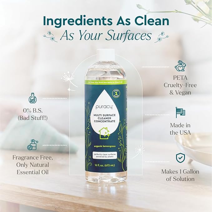 Puracy Multi-Surface Cleaner Concentrate - Plant-Powered Everyday Surface Cleaner - Natural All Purpose Cleaning Solution As Seen on TikTok (Organic Lemongrass, 16 fl oz)