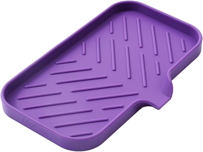 Silicone Bathroom Soap Dishes with Drain Spout-Bathroom and Kitchen Sink Organizer,Sponge Holder,Dish Soap Tray,Perfect for Dispenser,Scrubber,Bottle,Cup on Sink or Counter-Purple 9.6"×5.3"