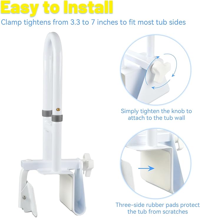 Bathtub Grab Bars for Seniors, Tub Handle Grab Bar for Elderly Bath Support, Bathtub Safety Rail, Assistance Bathtub Handle Clamp for Bathroom, 3.3"- 7" Width Adjustable, White