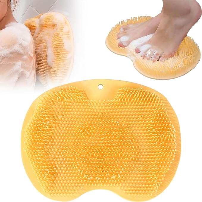 Shower Foot & Back Scrubber, Massage Pad with Suction Cups & Pumice Stone, Multi-Surface Silicone Bath Mat for Exfoliating and Massaging in Shower or Bathtub, 9.8x11.8 Inch (Yellow)