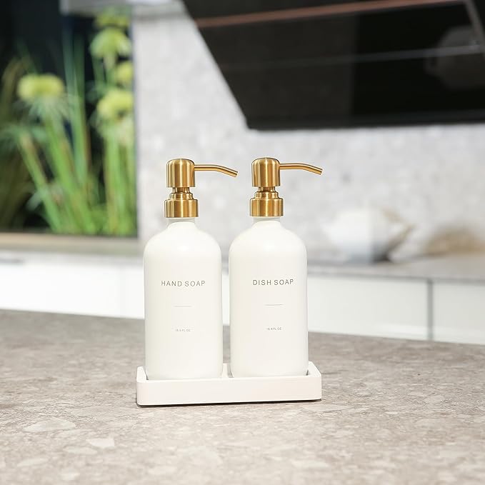 Gold Soap Dispenser Set, Glass Soap Dispenser with Stainless Steel Pump, Perfect for Modern Kitchen Counter Decor. (Gold)