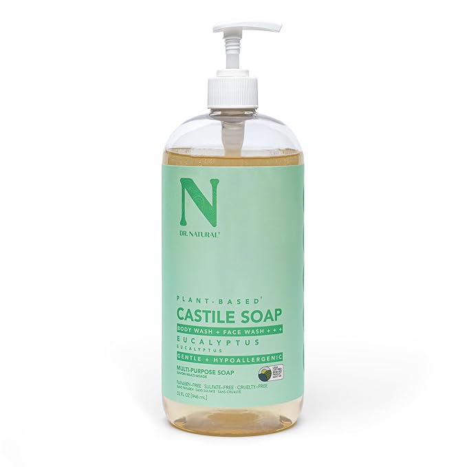 Dr. Natural Castile Liquid Soap - Multi-Use Body Wash, Shampoo and Face Wash - Hydrating Body Soap for Skin, Hair, Pets and Home - Eucalyptus - 32 oz