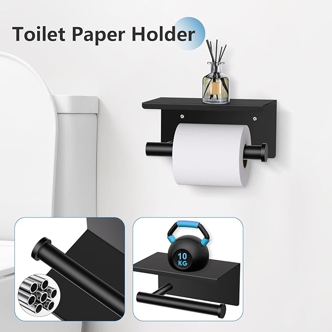 TNOMS 5 Pieces Towel Bar Set Matte Black Bathroom Hardware Set Upgraded Toilet Paper Holder with Shelf Towel Rail Set for Bathroom Stainless Steel Wall Mounted 23.6 Inch