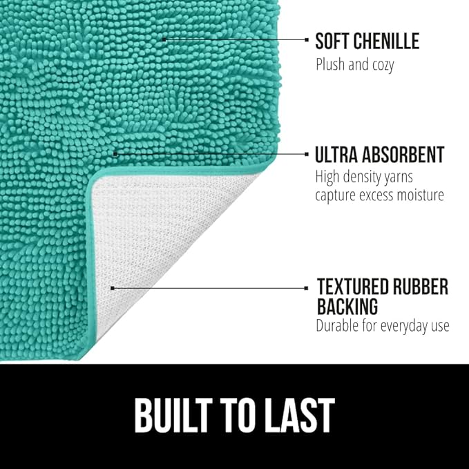 GORILLA GRIP Bath Rug Mat 44x26, Soft Absorbent Chenille, Quick Dry Microfiber Mats, Rubber Backing Washable Shower Floor Rugs, Bathmat Runner, US Designed Bathroom Home Decor Accessories Turquoise