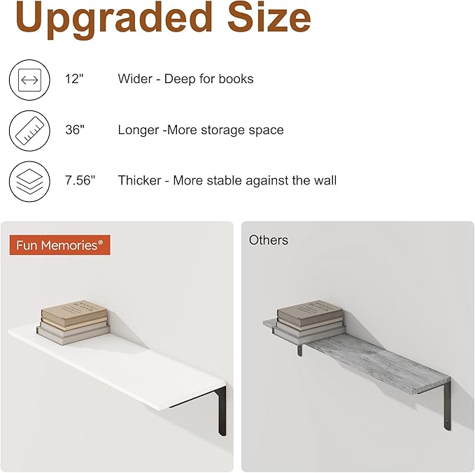 36 Inch White Floating Shelves Wall Mounted, 12 Inch Deep Wall Shelves with Visible Brackets, Deep Bookshelf for Home, Rustic Bathroom Shelf, Deep Shelves for Plant, Books, Set of 2