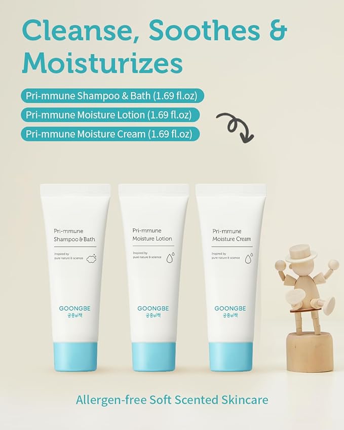 GOONGBE Baby Skincare Travel Set - Korean Baby Skincare & Bath Time Essentials - Shampoo & Bath, Moisutre Lotion, Cream - Hydrating & Nourishing, 3 Items