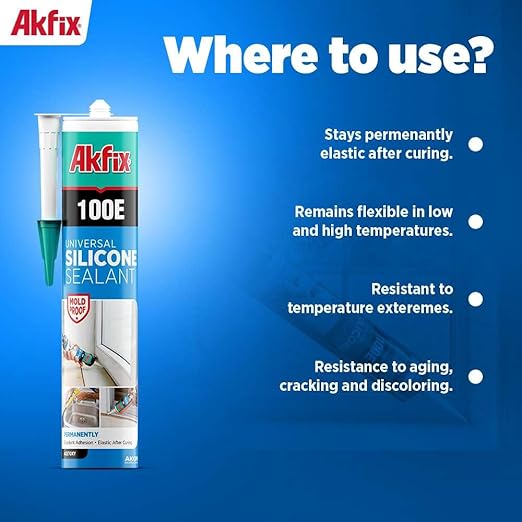 Akfix 100E RTV Clear Silicone Caulk (48x10.1 fl.oz.) - 100% Waterproof Silicone Sealant for Kitchen and Bathroom, Shower, Toilet, Sink, Window and Door, No Yellowing | Clear, 48 Pack