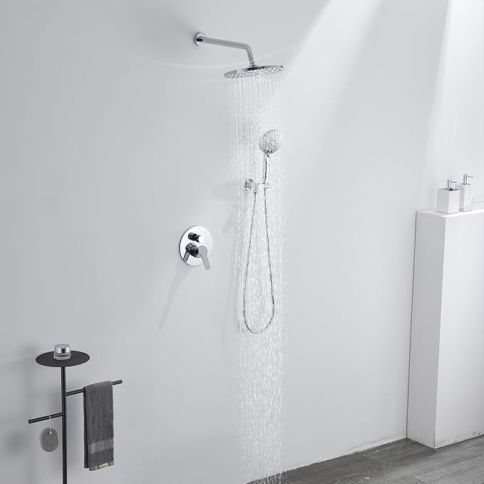 Iriber Shower System Wall Mounted Shower Faucet Mixer Set with Luxury High Pressure Shower head and 3-Setting Handheld, Bathroom Shower Trim Kit Contain Pressure Balance Valve,Polished Chrome
