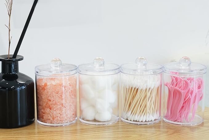 1 Pack Acrylic Qtip Holder Dispenser,Bathroom Canisters Apothecary Jar Set, Vanity Makeup Storage Organizer Set, 12 oz