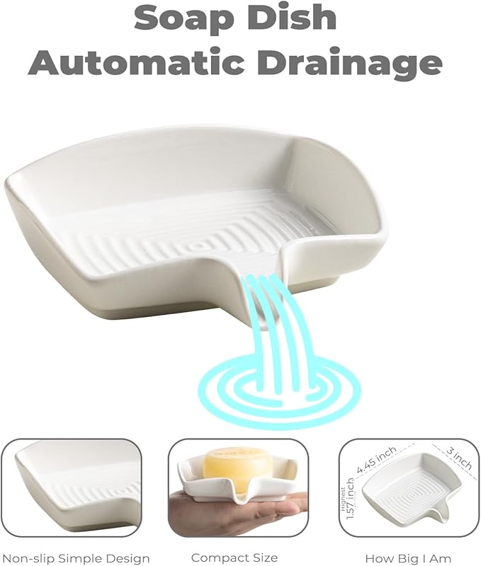 Soap Dish with Waterfall Design, Ceramic Soap Holder Self Draining Bar Soap Saver for Sink Bathroom Shower Kitchen to Keep Organized and Clean, White