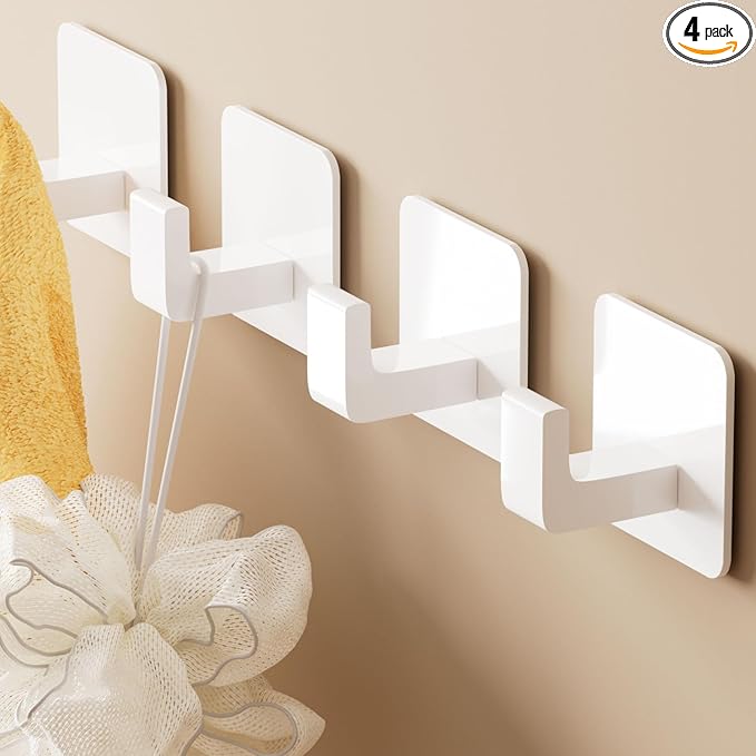 Square Self Adhesive Towel Hooks - 4 Pack Matte White Metal Hooks, Right-Angle Design for Towels, Robes & Hats, Organize Bathroom, Kitchen, Entryway, Doors, Cabinets on Smooth Surfaces