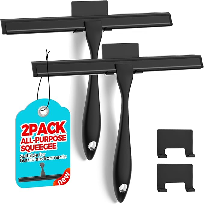 2PACK All-Purpose Shower Squeegee for Shower Doors, Tile Shower Walls, Bathroom, Window, Glass and Car Windshield, Mirrors and Kitchen-Stainless Steel, 10 Inches, Black