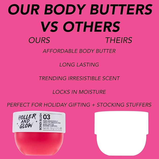 Holler and Glow Bondi Pink Dragonfruit Body Butter For Women, Smells Good, Body Lotion For Extremely Dry Skin, Moisturizing, Nourishing, Shea Butter, Peony, Pink Dragon Scented, 5.29 Oz