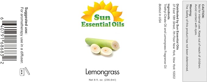 Sun Essential Oils - Lemongrass Essential Oil 8 oz with Dropper for Diffuser, Hair & Skincare, Aromatherapy Massage, Humidifier, Candle, Soap & Lotion Making at Home
