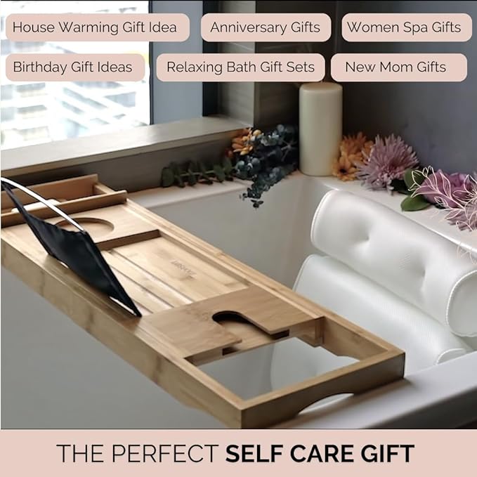 Foldable Bathtub Tray Caddy - Expandable Bath Tray for Tub | Secure, Non-Slip Bathtub Caddy for Tub for Bath Accessories, Self Care Home Spa Gift Set, Relaxing Gifts for Women, New Moms, House Warming