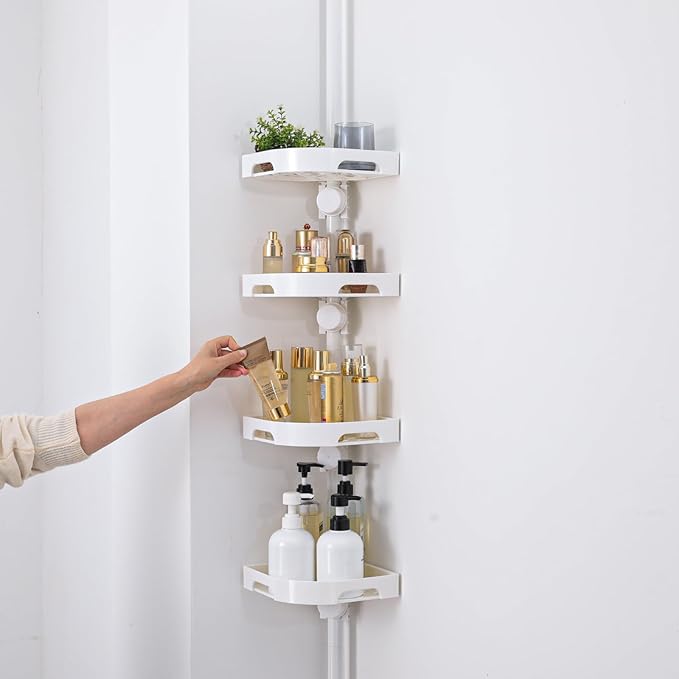 Tension Pole Shower Caddy Organizer with 4 Tier L-Shaped Rust Resistant Bathroom Corner Shelves with 34-124 Inch Adjustable No Drilling Quick Install Shower Rack for Bath Essentials (White)
