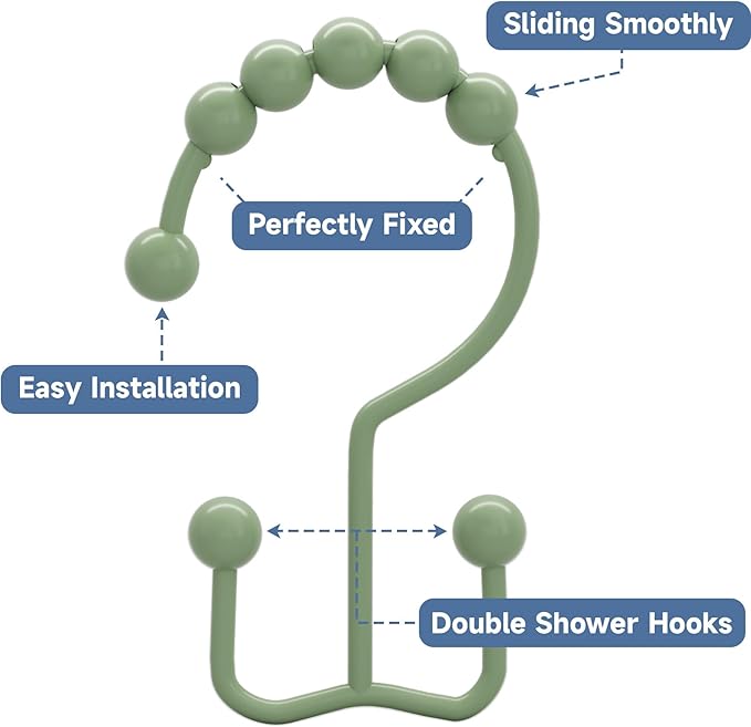 Titanker Shower Curtain Hooks Rings, Rust-Resistant Metal Double Glide Shower Hooks for Bathroom Shower Rods Curtains, Set of 12 Hooks - Sage Green