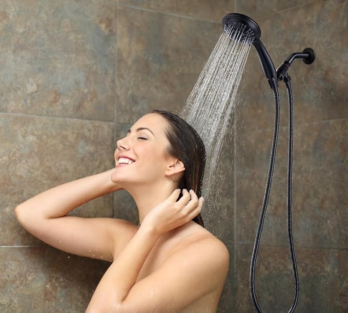 G-Promise High Pressure Shower Head 6 Spray Setting with Adjustable Solid Brass Shower Arm Mount and Extra Long Flexible Stainless Steel Hose (Oil Rubbed Bronze)