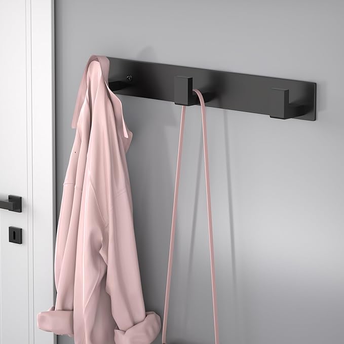 PMMASTO Wall Mounted Coat Hooks- Stainless Steel Rust-Resistant Bathroom Hangers for Towels/Hats/Coats, Heavy-Duty Wall Mount Hooks with Screws (Black 3 Hooks, 2-Pack)