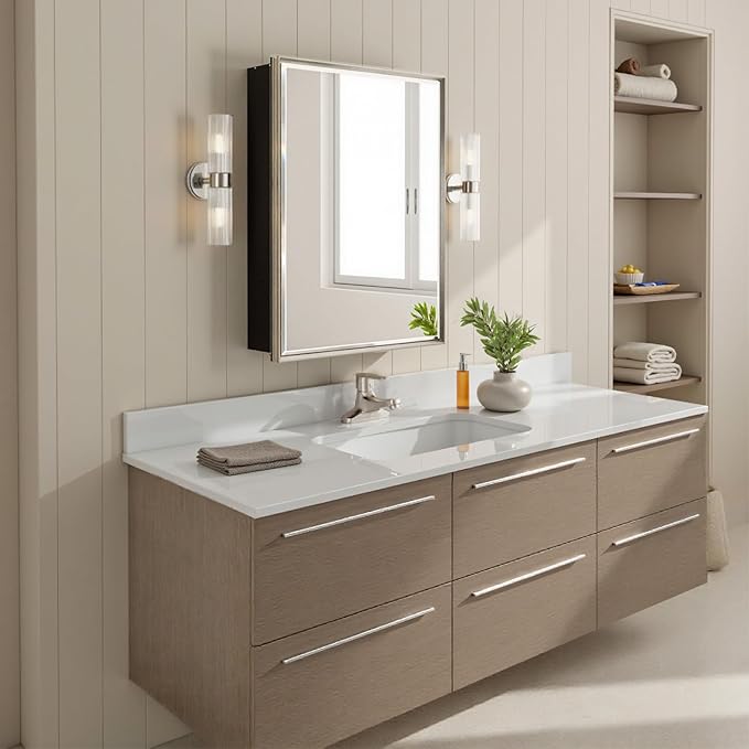 20''x 26'' Brushed Nickel Medicine Cabinet, Recessed or Surface Framed Medicine Cabinet with Beveled Mirror Pre-Assembled, Reversible Bathroom Storage Vanity Cabinet with Adjustable Shelves
