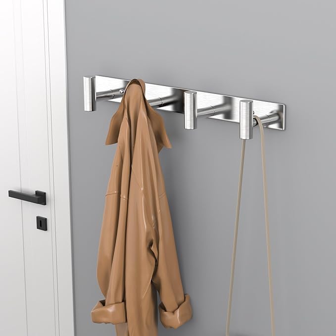 HUFEEOH 2 Pack Coat Rack Wall Mount, Stainless Steel T Shaped 4 Hooks Coat Hooks for Bathroom, Heavy Duty Wall Hooks Towel Hooks for Hanging, Silver Towel Rack Purse Hanger for Mudroom Entryway
